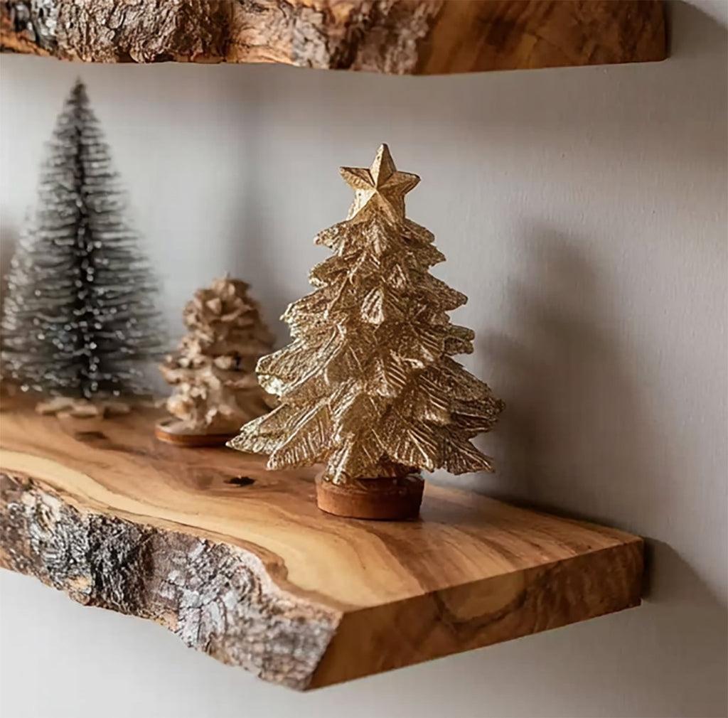 Rustic Live Edge Wooden Floating Shelves – Handmade Solid Wood Wall Shelf Set for Holiday Decor