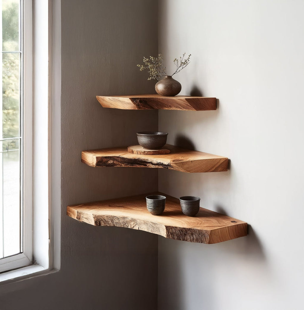 Handcrafted Live Edge Corner Shelves – Rustic Solid Wood Floating Shelves