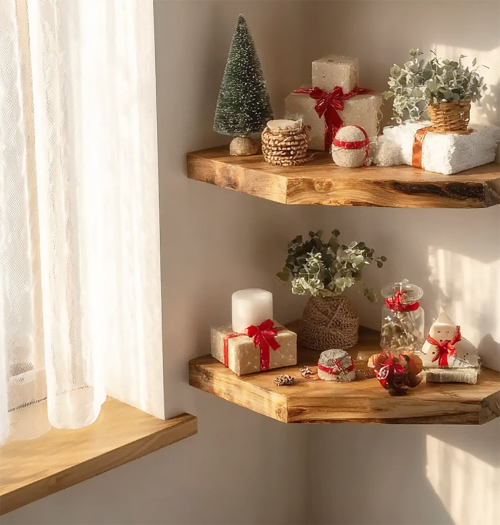 Rustic Live Edge Corner Floating Shelves – Handcrafted Solid Wood Wall Display