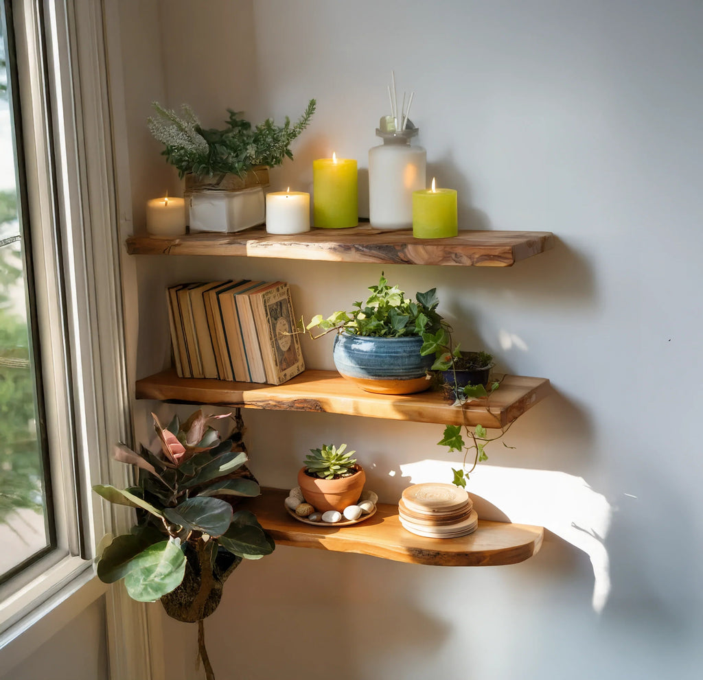 Floating Corner Wall Shelf – Live Edge Wooden Shelf for Home Decor & Aquarium