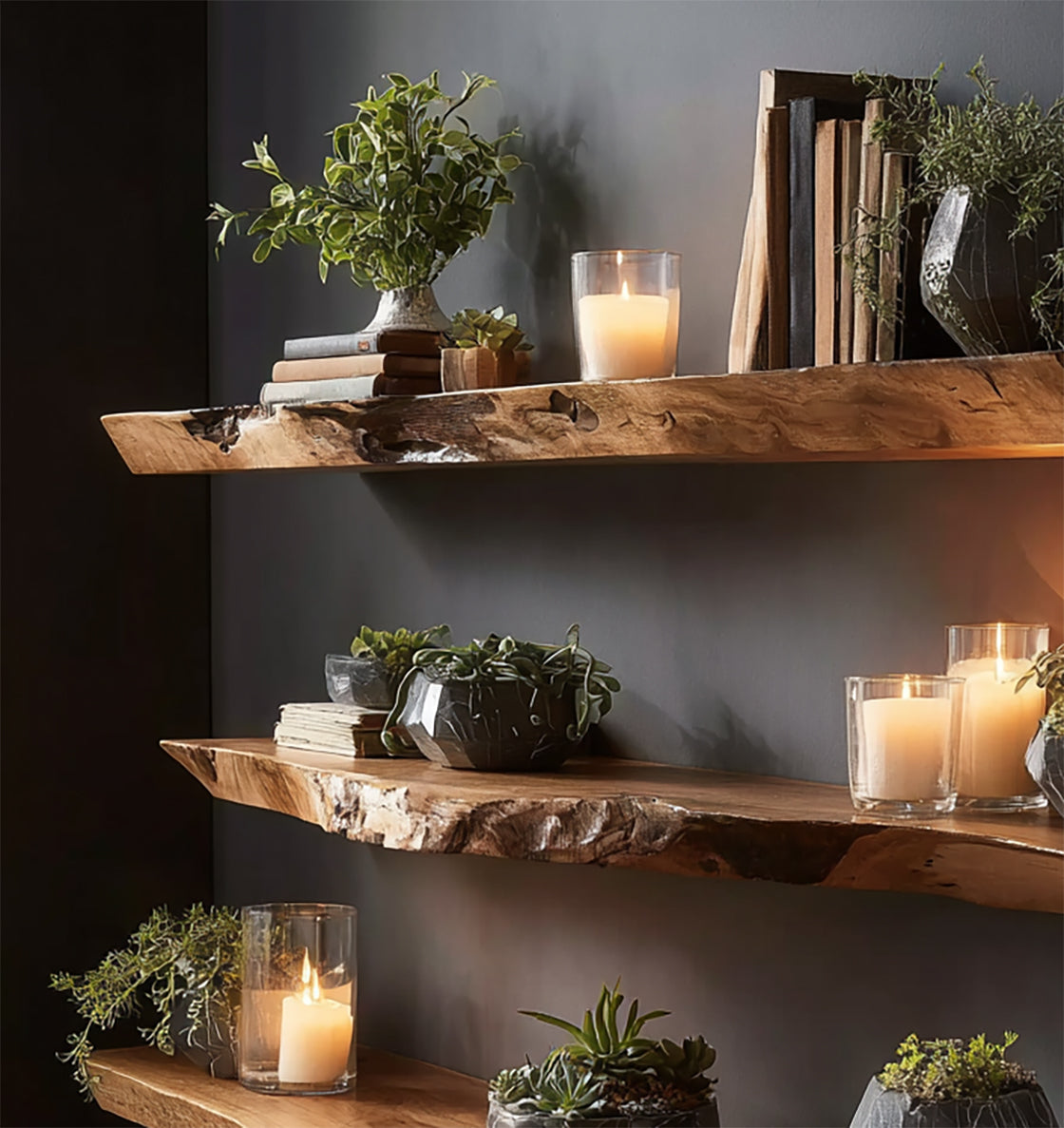 Handmade Live Edge Wooden Floating Shelves – Solid Wood Wall Shelf Set