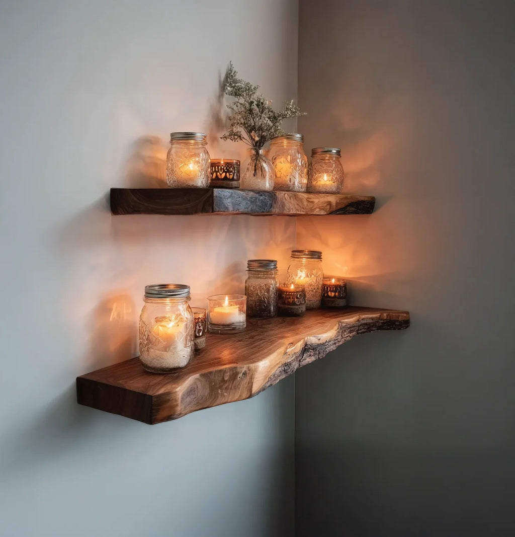 Floating Corner Wall Shelf – Live Edge Walnut Bookshelf for Décor & Housewarming Gift