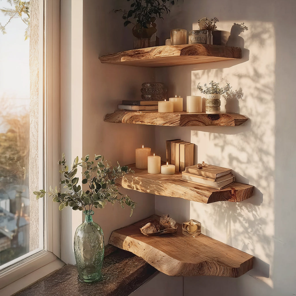 Handmade Wall Mounted Bracket Shelf – Farmhouse Live Edge Rustic Floating Corner Shelf