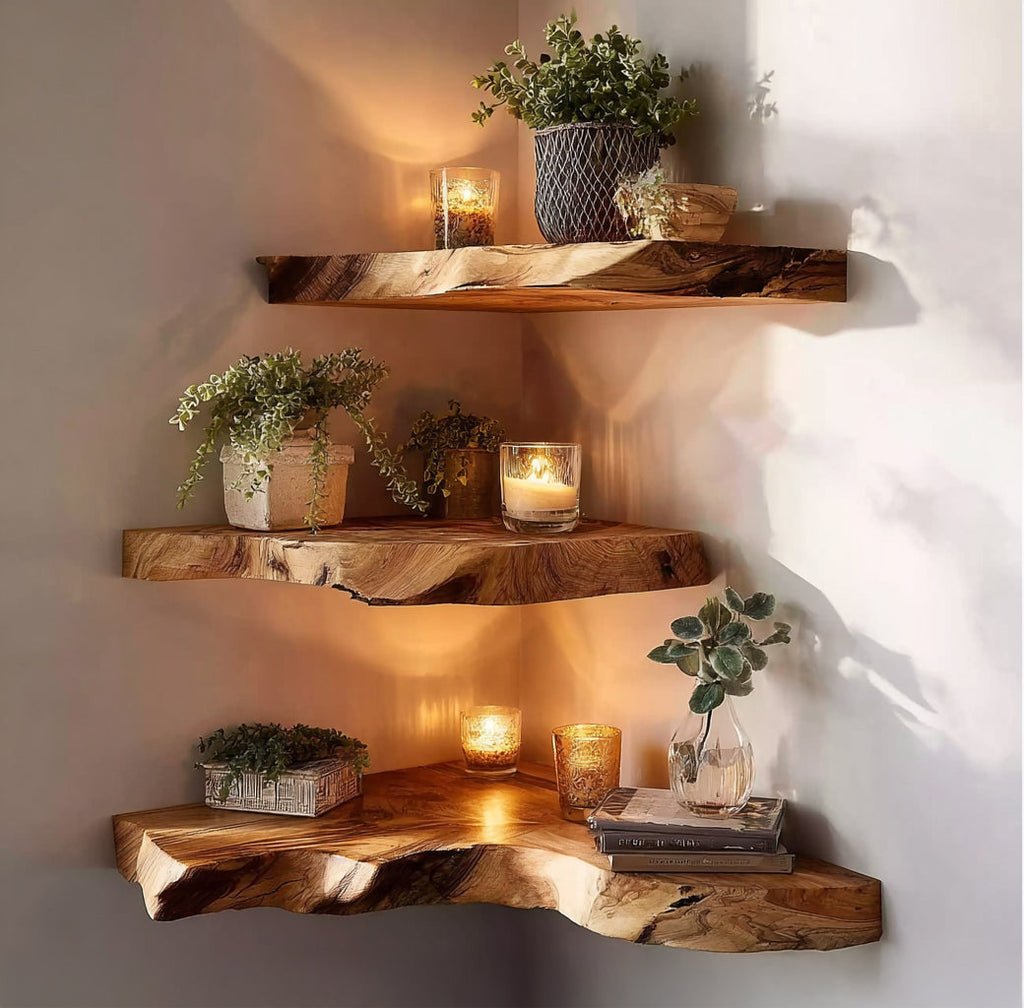 Handcrafted Live Edge Corner Shelves – Solid Wood Floating Wall Shelves