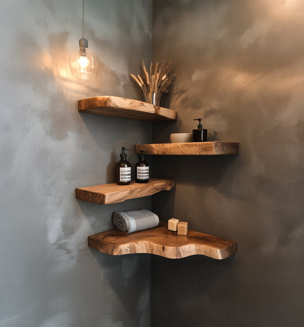 Live Edge Corner Floating Shelves – Handmade Solid Wood Wall Shelves