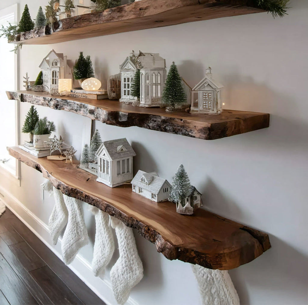 Christmas Live Edge Floating Shelves – Rustic Solid Wood Wall Decor