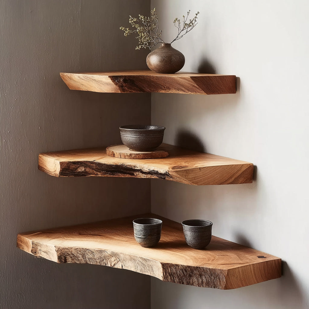 Handcrafted Live Edge Corner Shelves – Rustic Solid Wood Floating Shelves